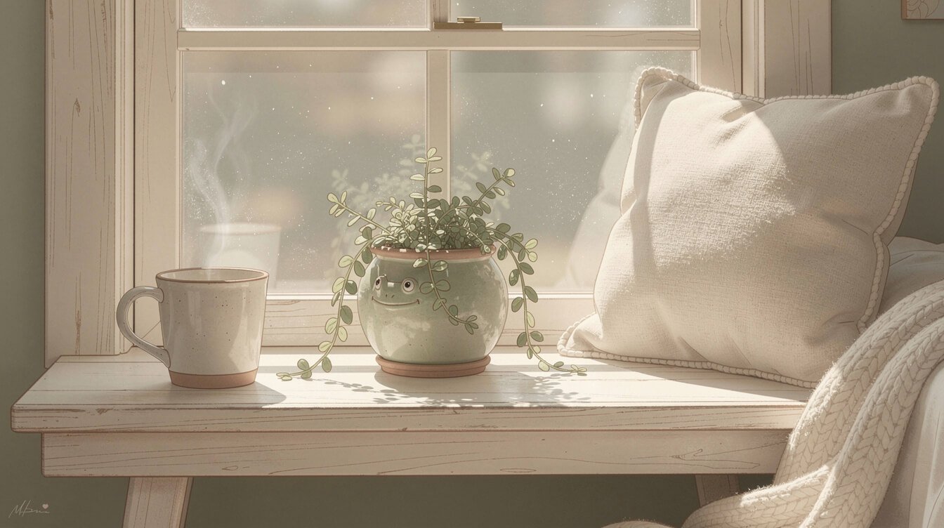a small frog planter and mug on a cozy windowsill desk
