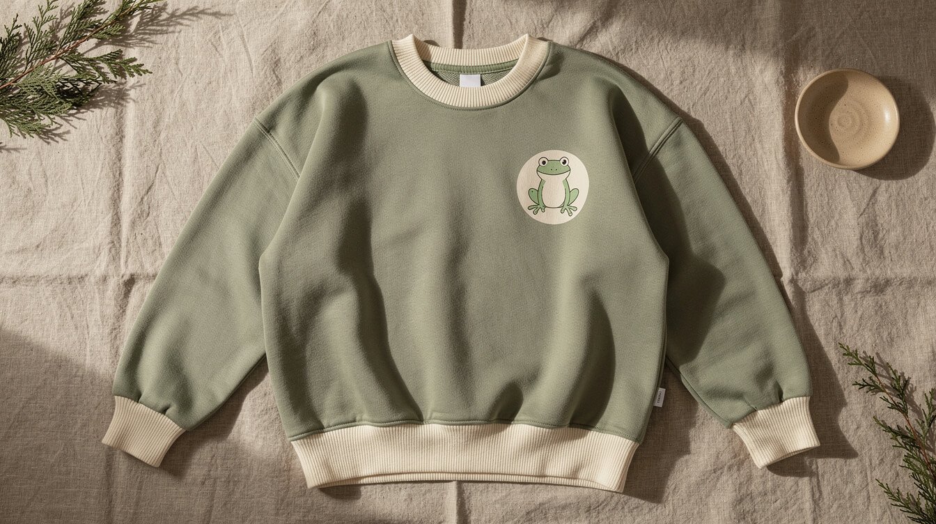a heavyweight sweatshirt with a small round frog print