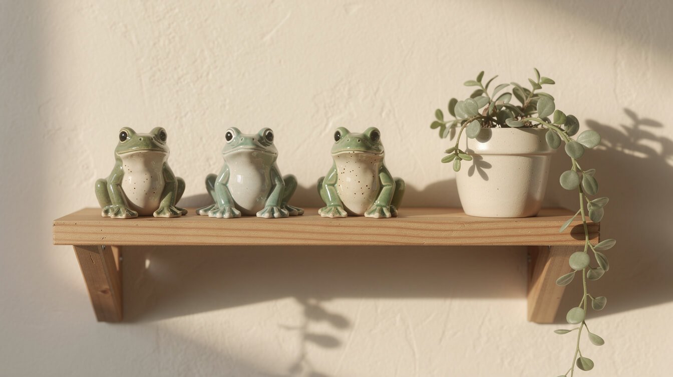 a small shelf of well made ceramic frog figurines