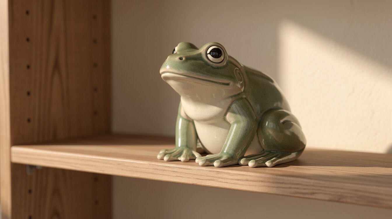 a single well made ceramic frog figurine in warm light