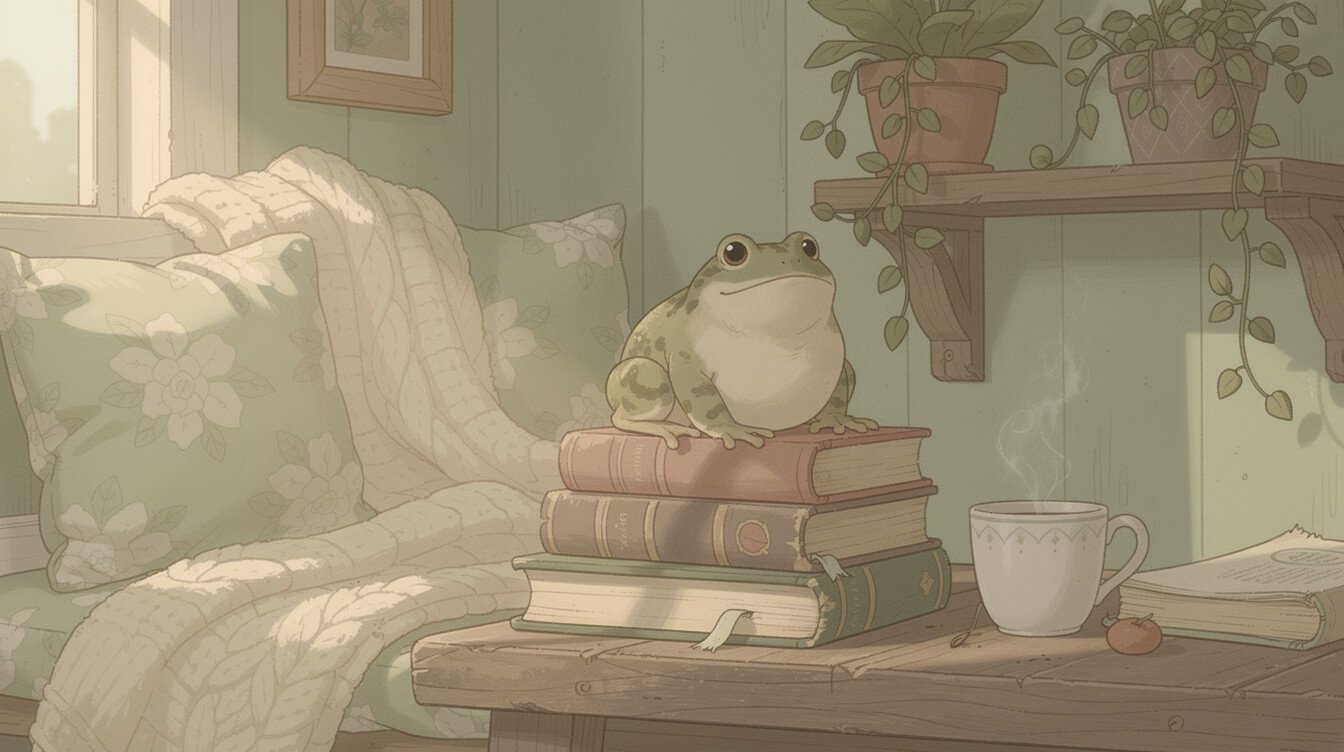 a round frog sitting on a stack of books next to a warm mug of tea