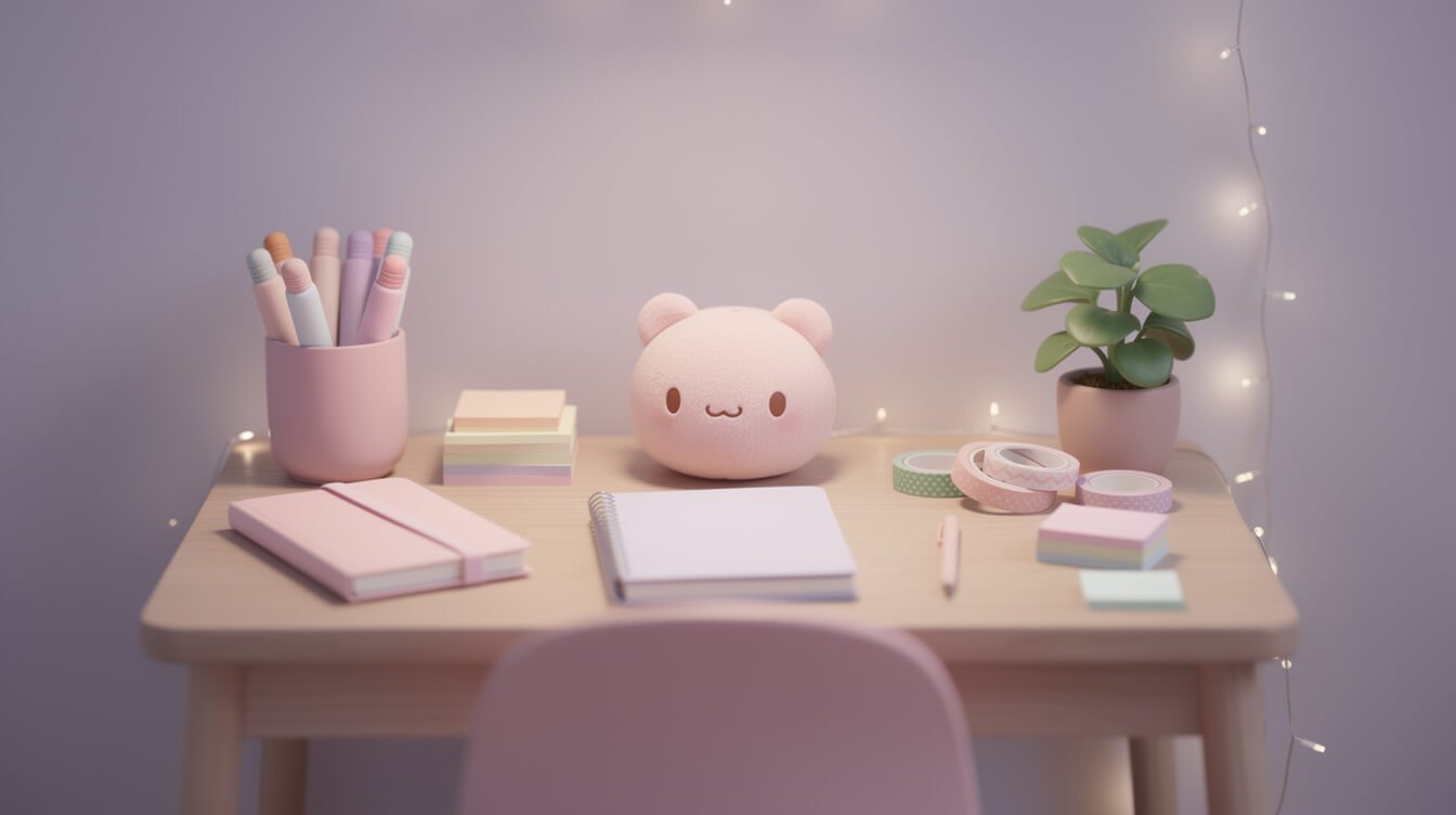 kawaii-leaning cute gift styling with pastel stationery and a soft plush