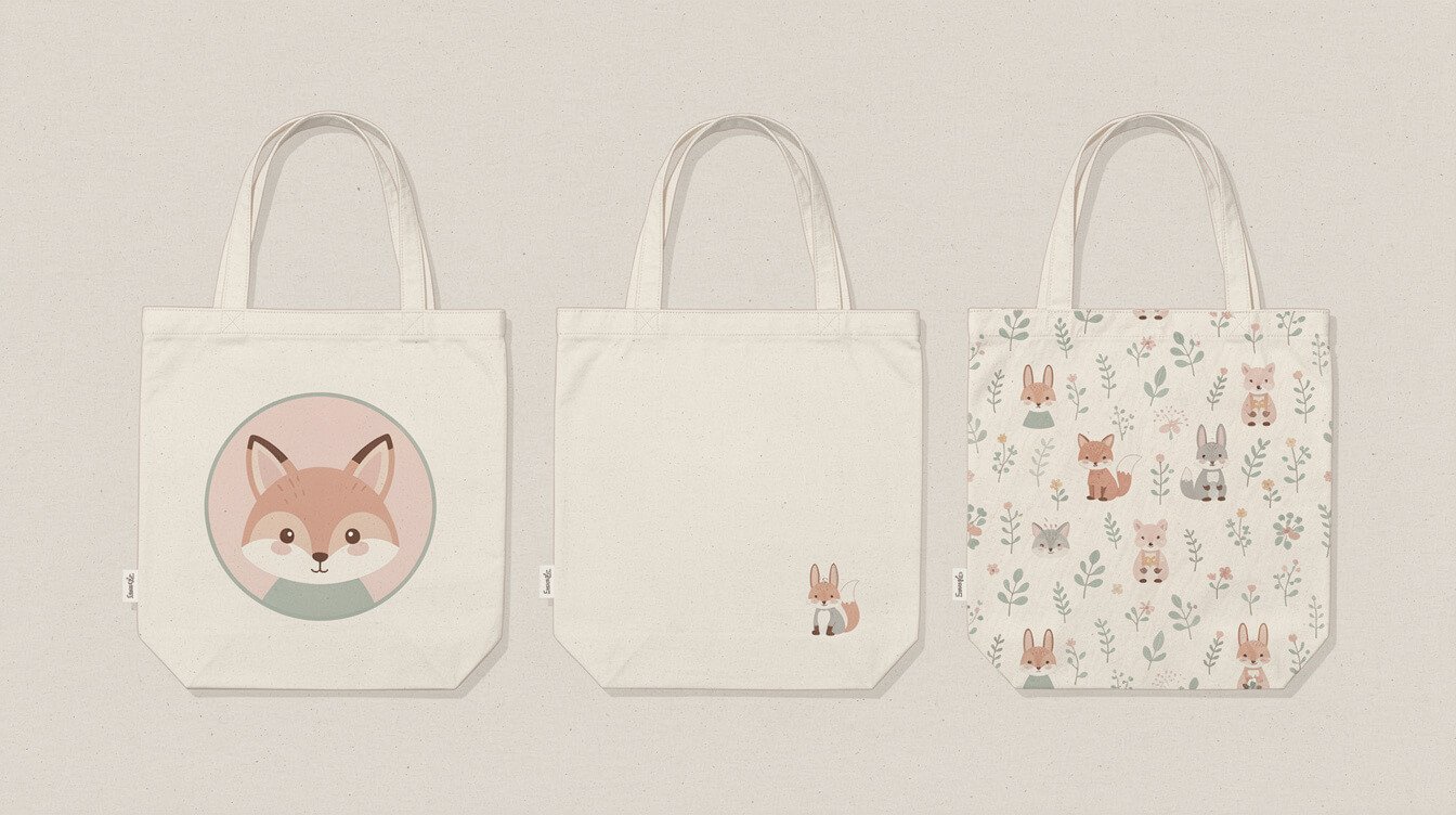 tote bag showing corner placement of a small cute illustration