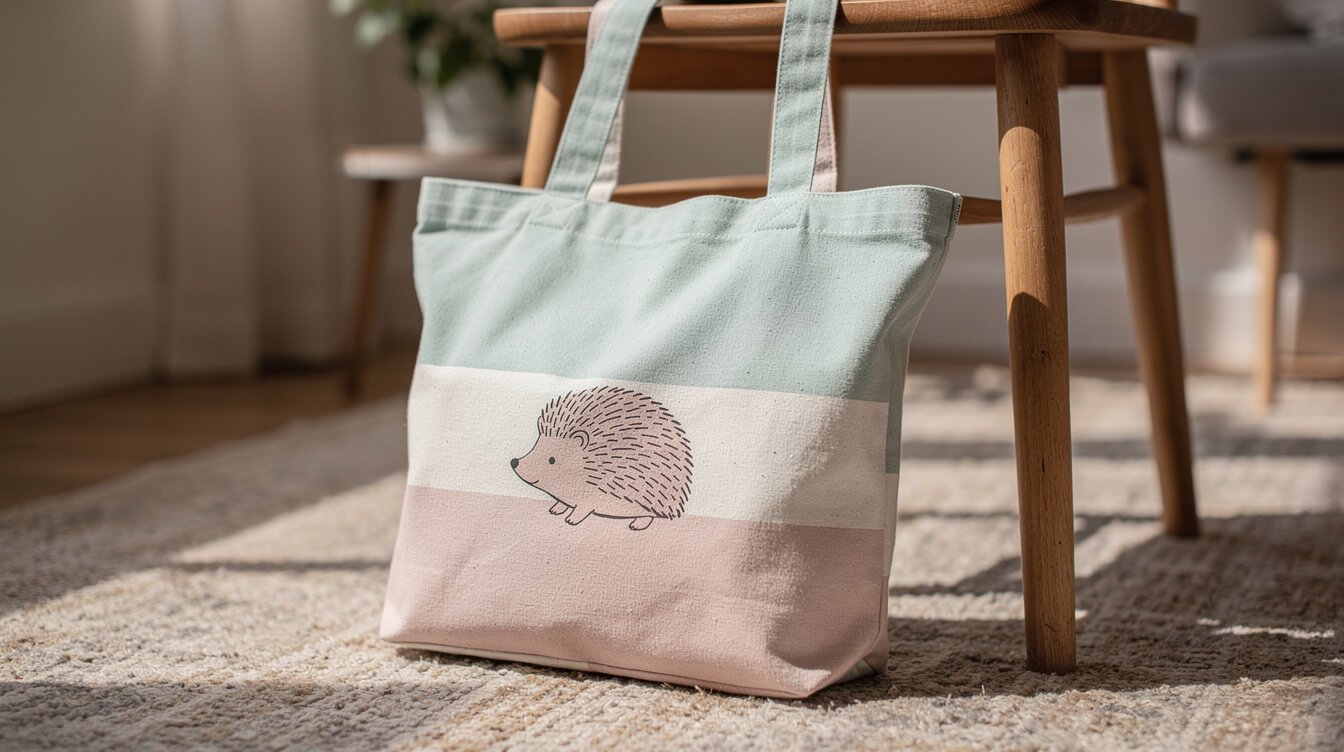 printed canvas tote bag with hedgehog design