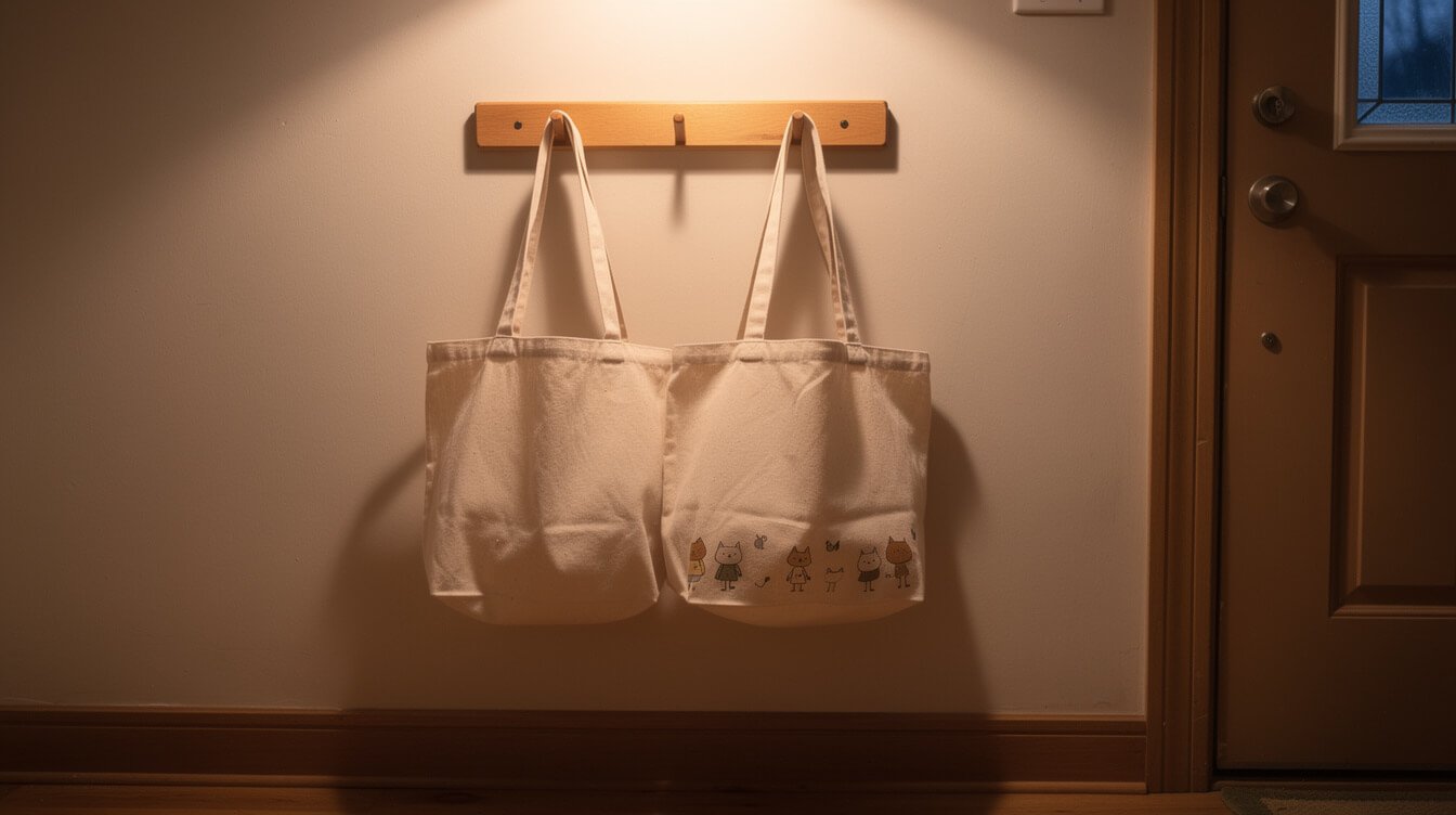 two tote bags on a hook by the door