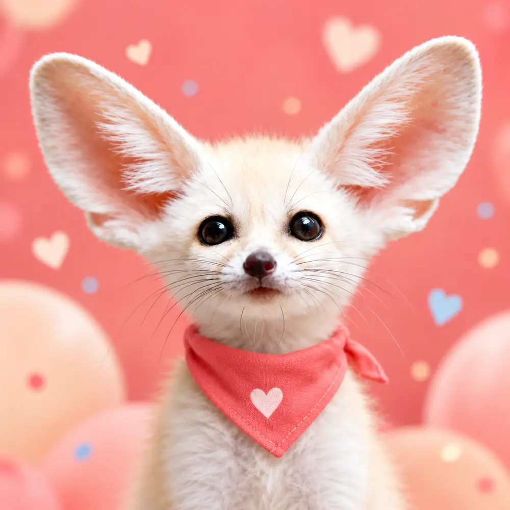 Cream fennec fox kit wearing a coral heart bandana against a pink balloon and hearts backdrop