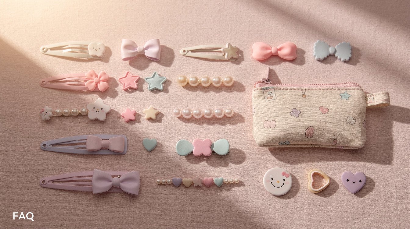 kawaii accessories FAQ flat lay with charms and clips arranged neatly