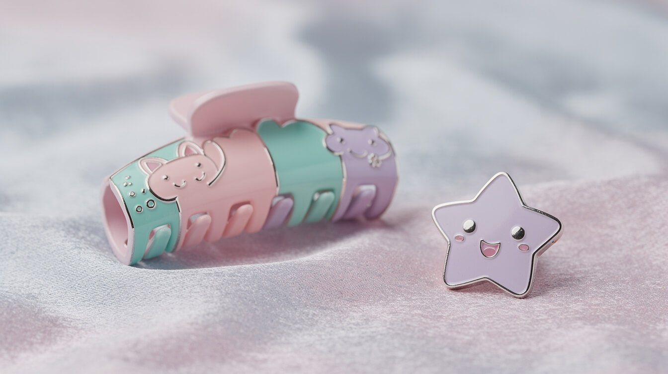 kawaii hair clip and enamel pin on a soft pastel background