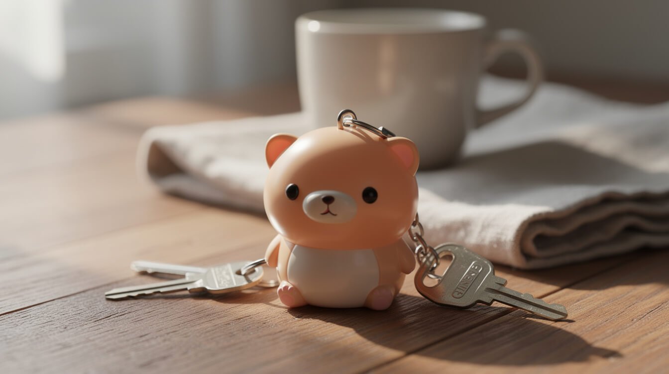 kawaii keychain with round animal design on a set of house keys