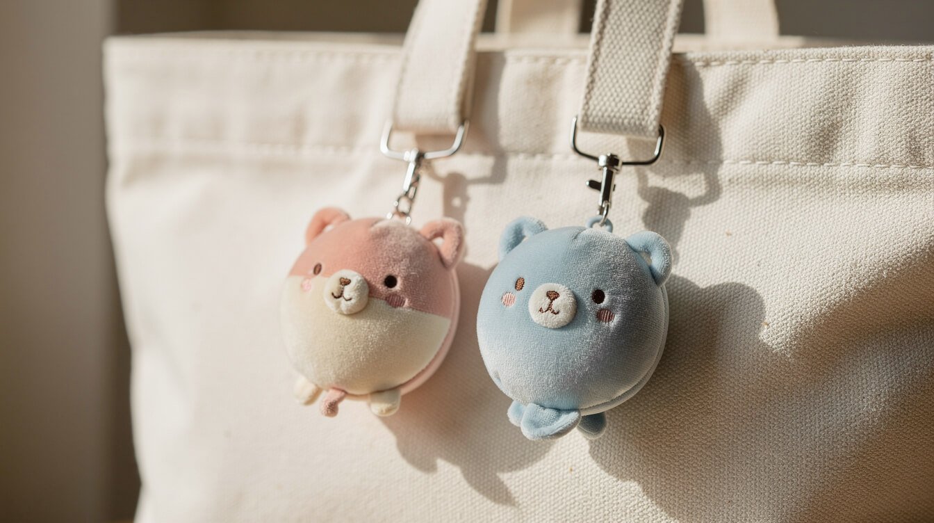 kawaii phone charm and bag charm attached to a canvas tote