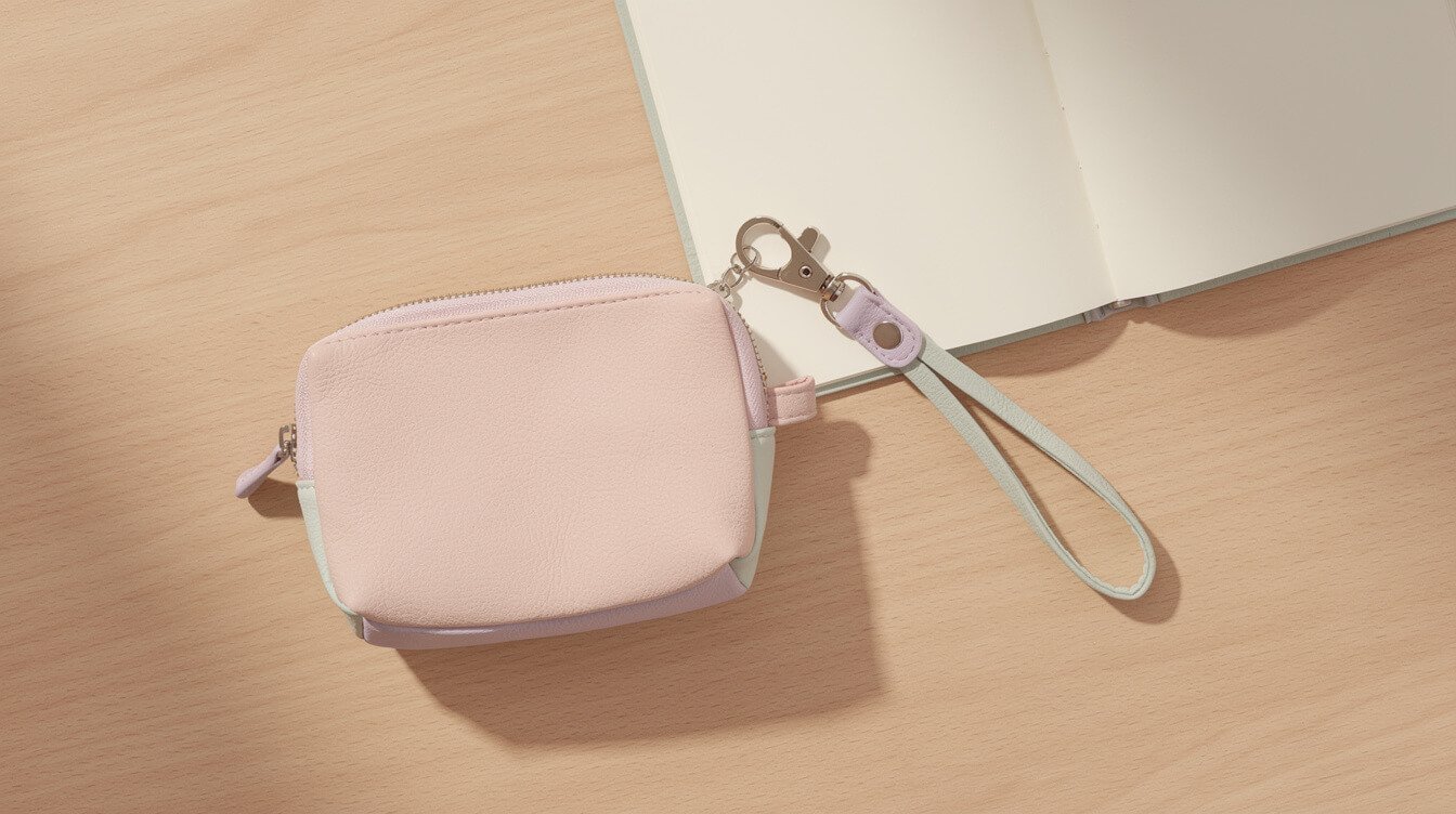 kawaii pouch and wrist strap in soft pastel colors on a desk