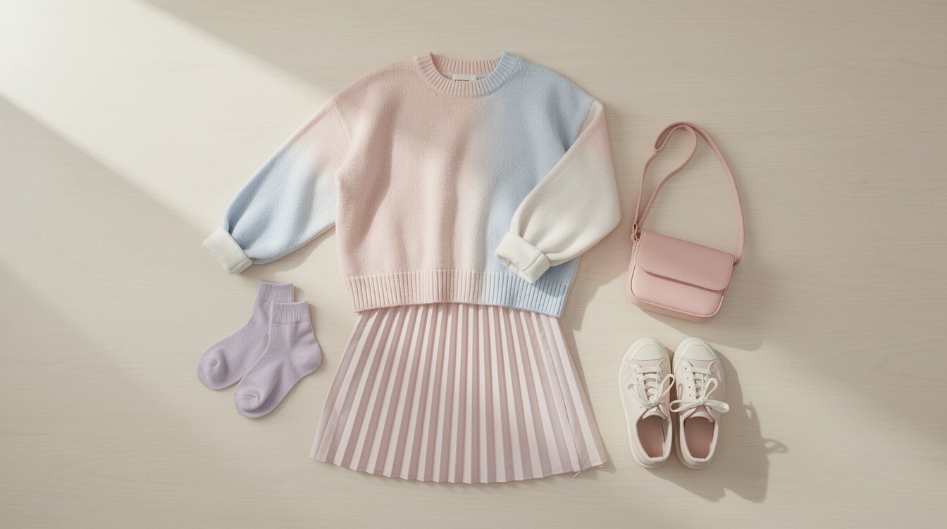 soft pastel outfit pieces laid flat