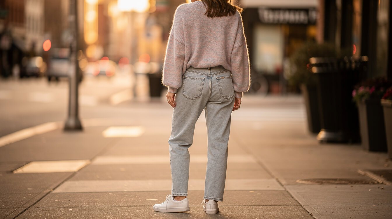 person wearing a simple pastel sweater and jeans
