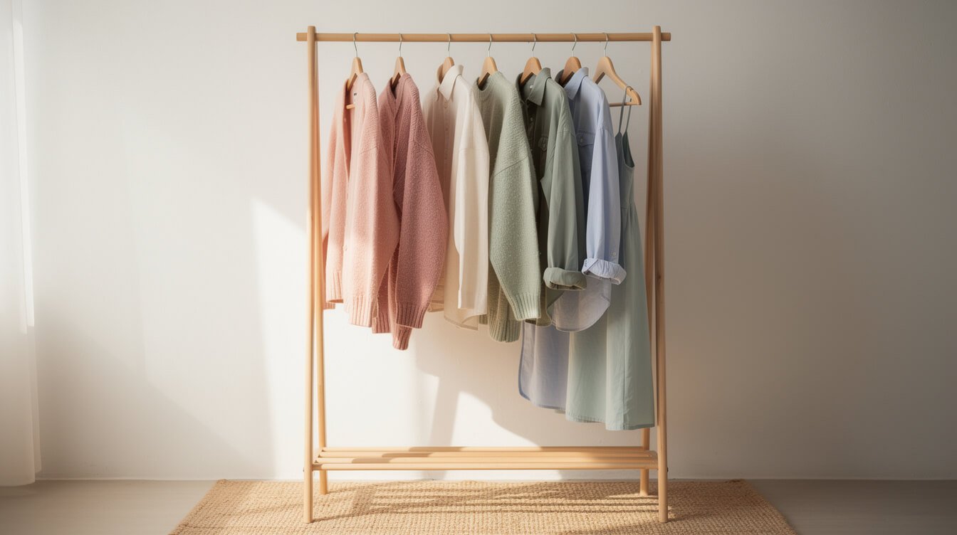 affordable soft pastel clothing pieces on a rack