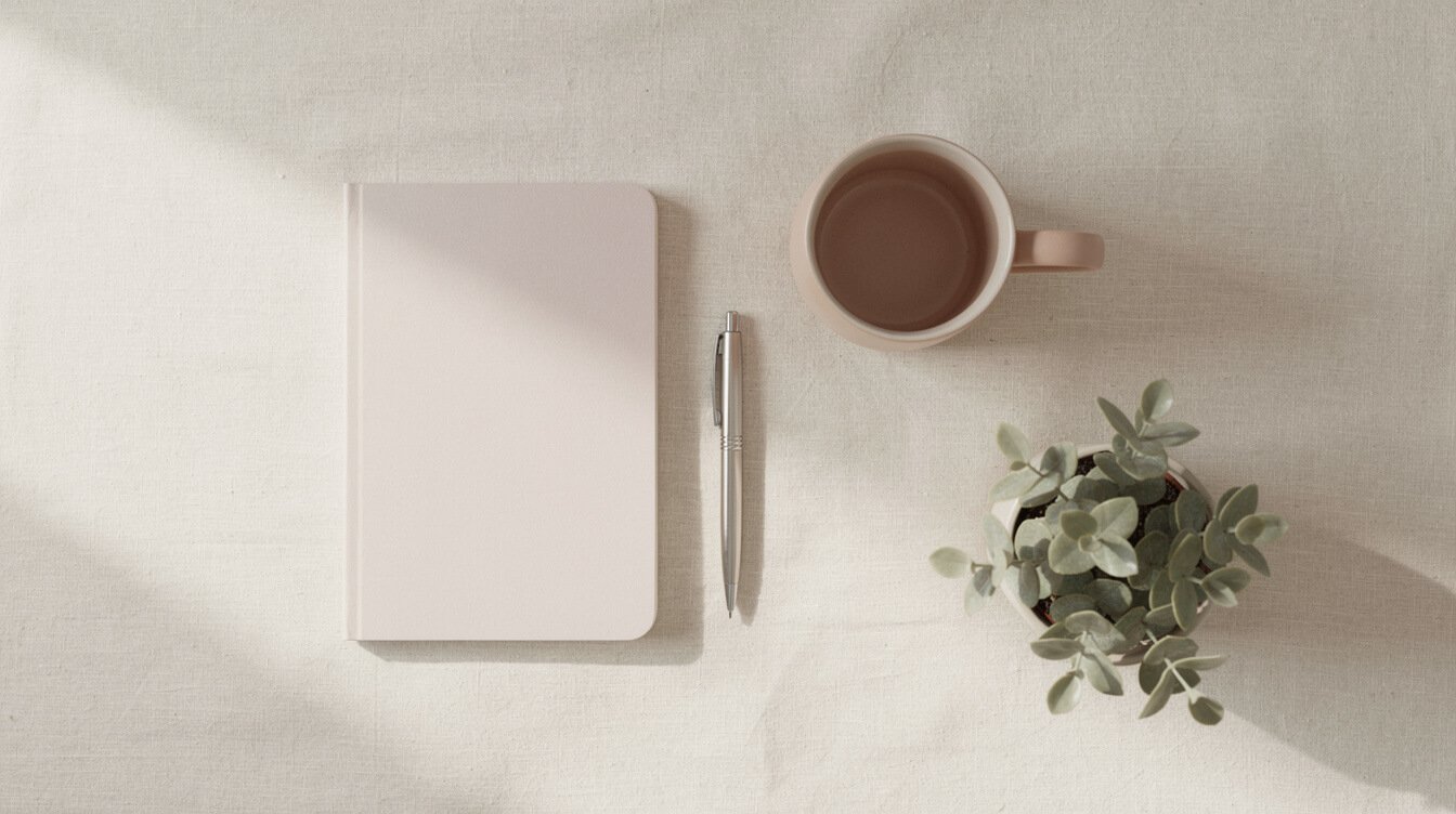 calm uncluttered pastel desk setup