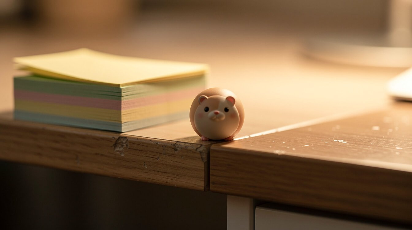 tiny round animal figurine beside sticky notes