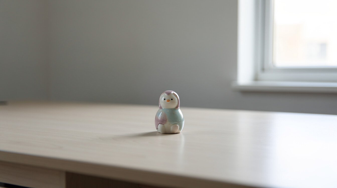 single pastel figurine on a plain desk