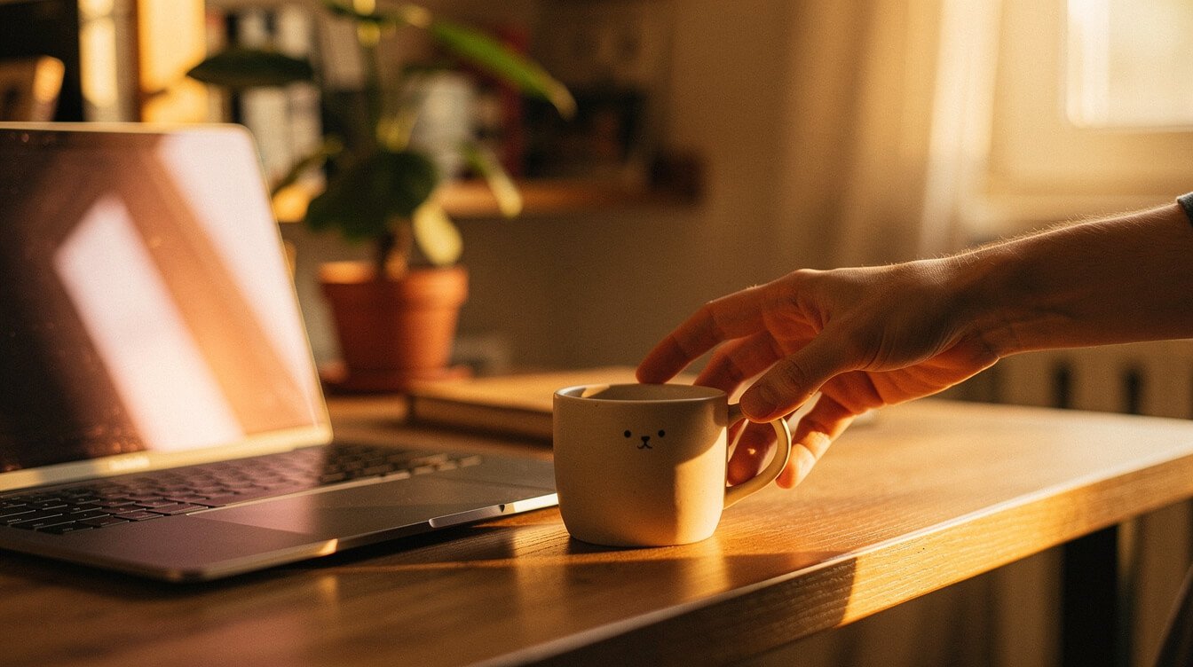 cozy home office corner with a small cute mug