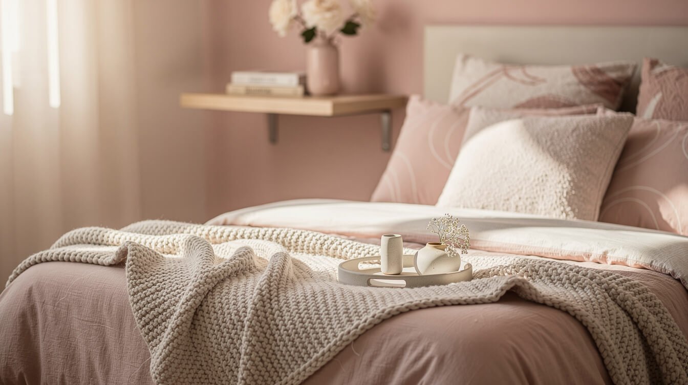 layered soft textures on a bed and shelf in a pastel bedroom