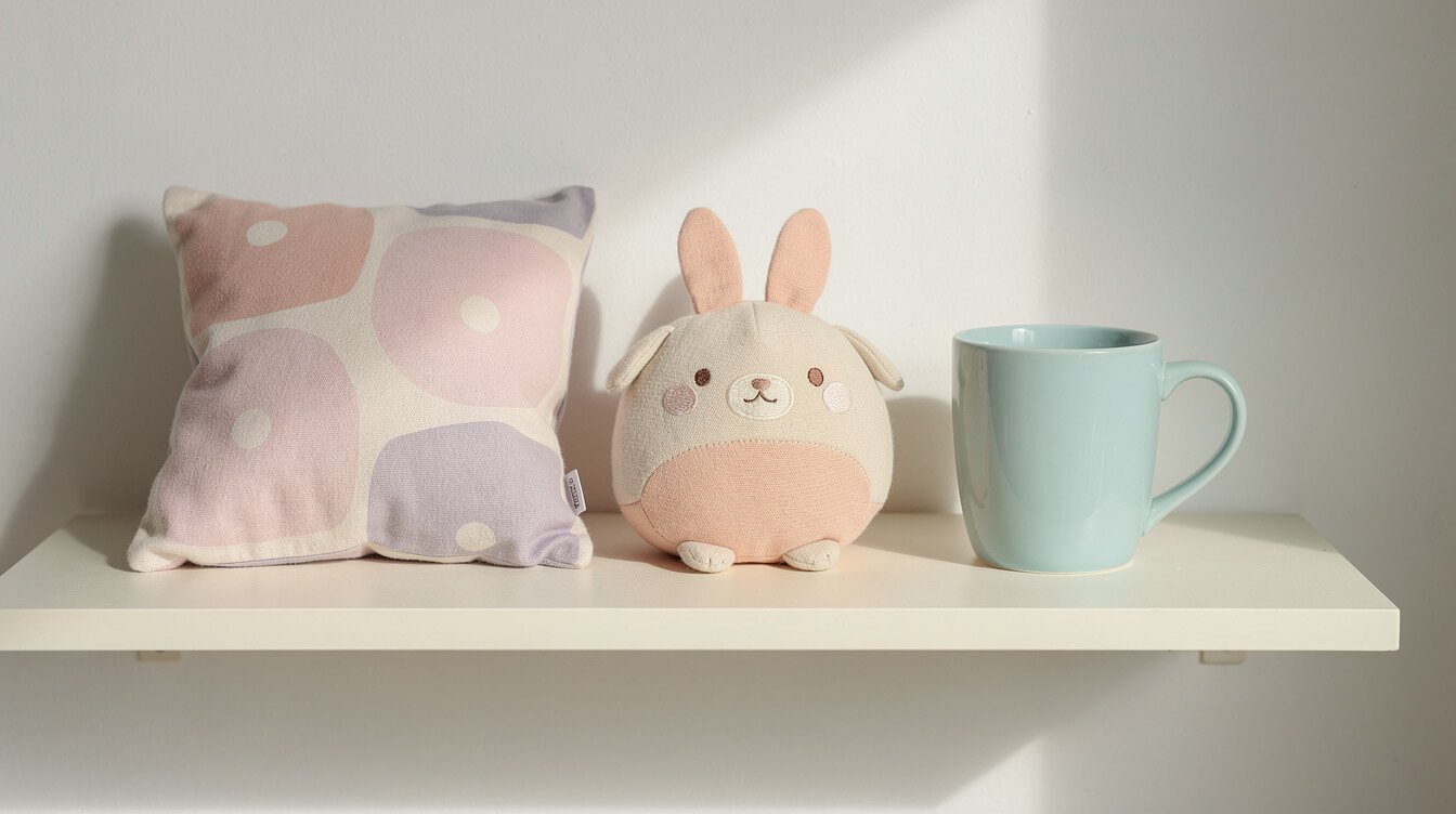 small sparse collection of kawaii home objects on a shelf