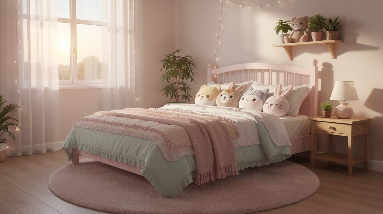 cozy pastel bedroom with round animal accents