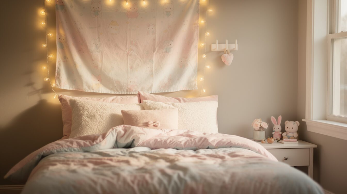 removable adhesive hook holding a pastel tapestry in a rental bedroom