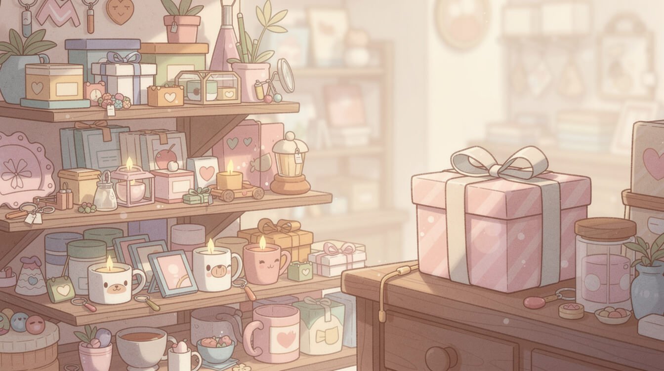 a cluttered shelf of generic gifts fading into one thoughtfully wrapped gift