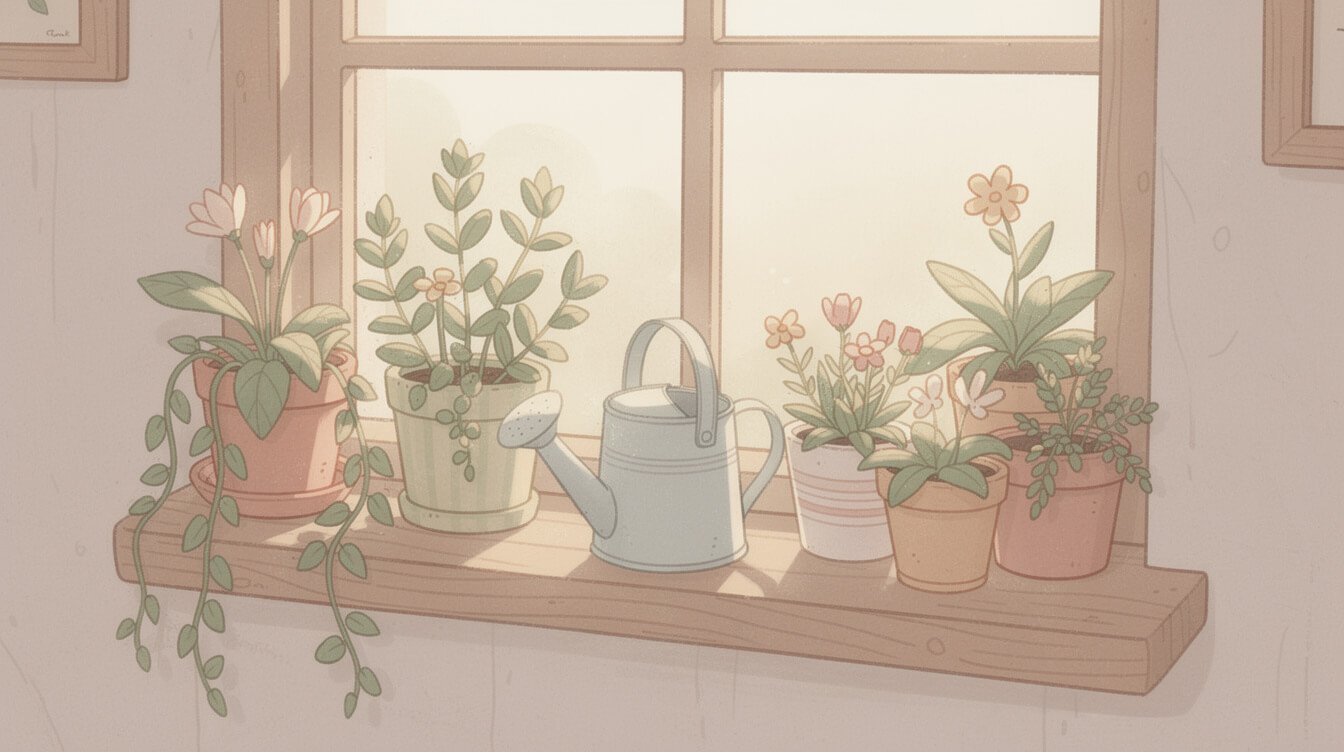 a small sunny windowsill filled with potted plants and a cute watering can