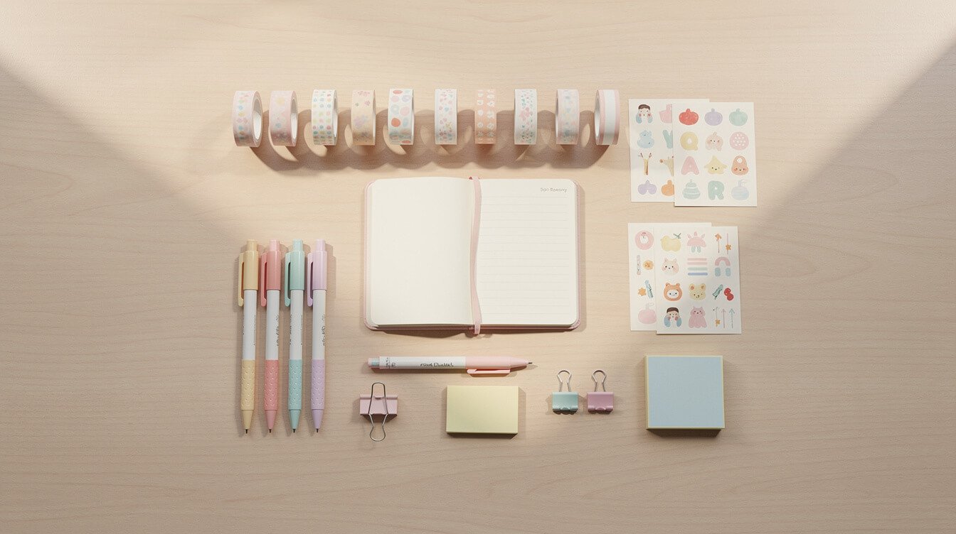 a neat flat lay of pastel stationery, washi tape, and a small notebook