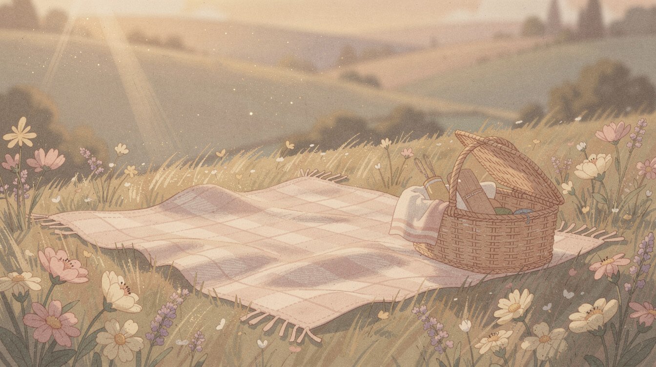a countryside picnic blanket scene with wildflowers in golden light
