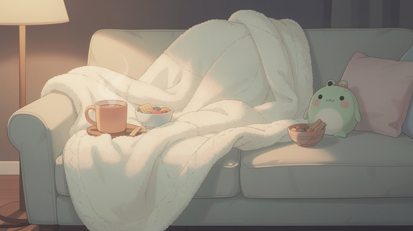 a cozy blanket nest on a couch with a warm mug and a small frog plush