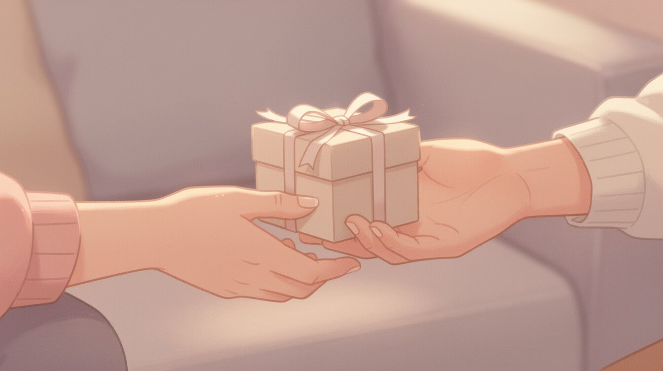 two friends exchanging a small wrapped gift, warm and sincere