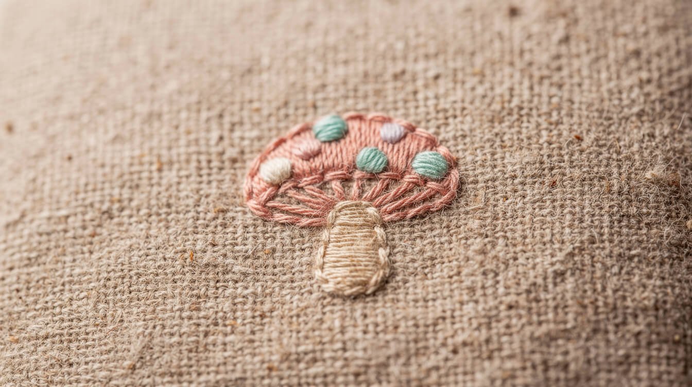 close up of embroidered tote bag fabric detail