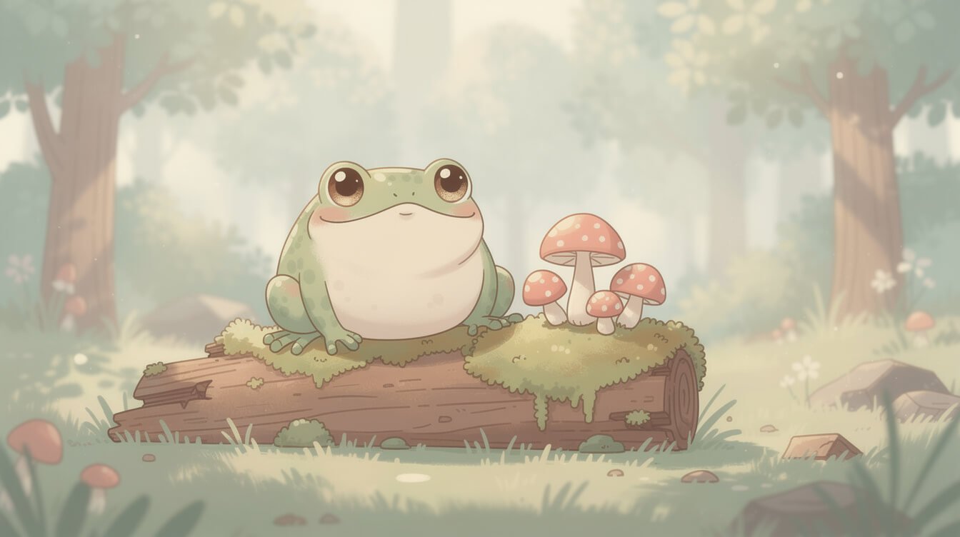 round frog illustration beside toadstool mushrooms