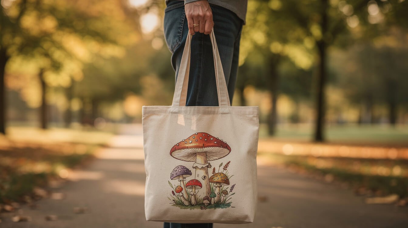 hand carrying mushroom print tote on a park path