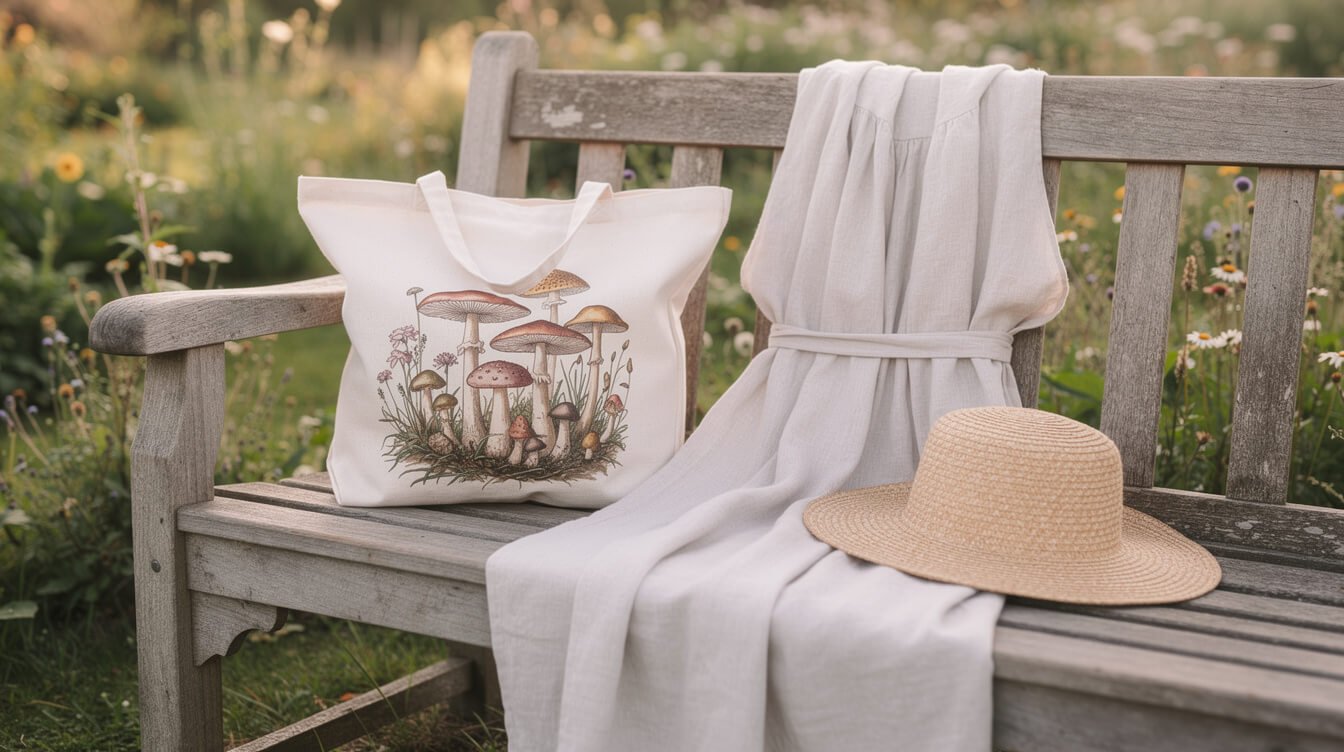 mushroom print tote bag styled with linen dress