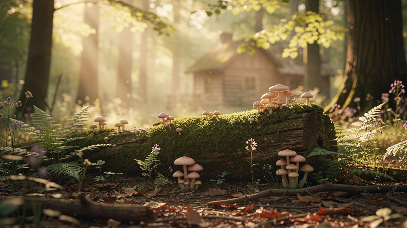 cozy mossy forest scene with small mushrooms