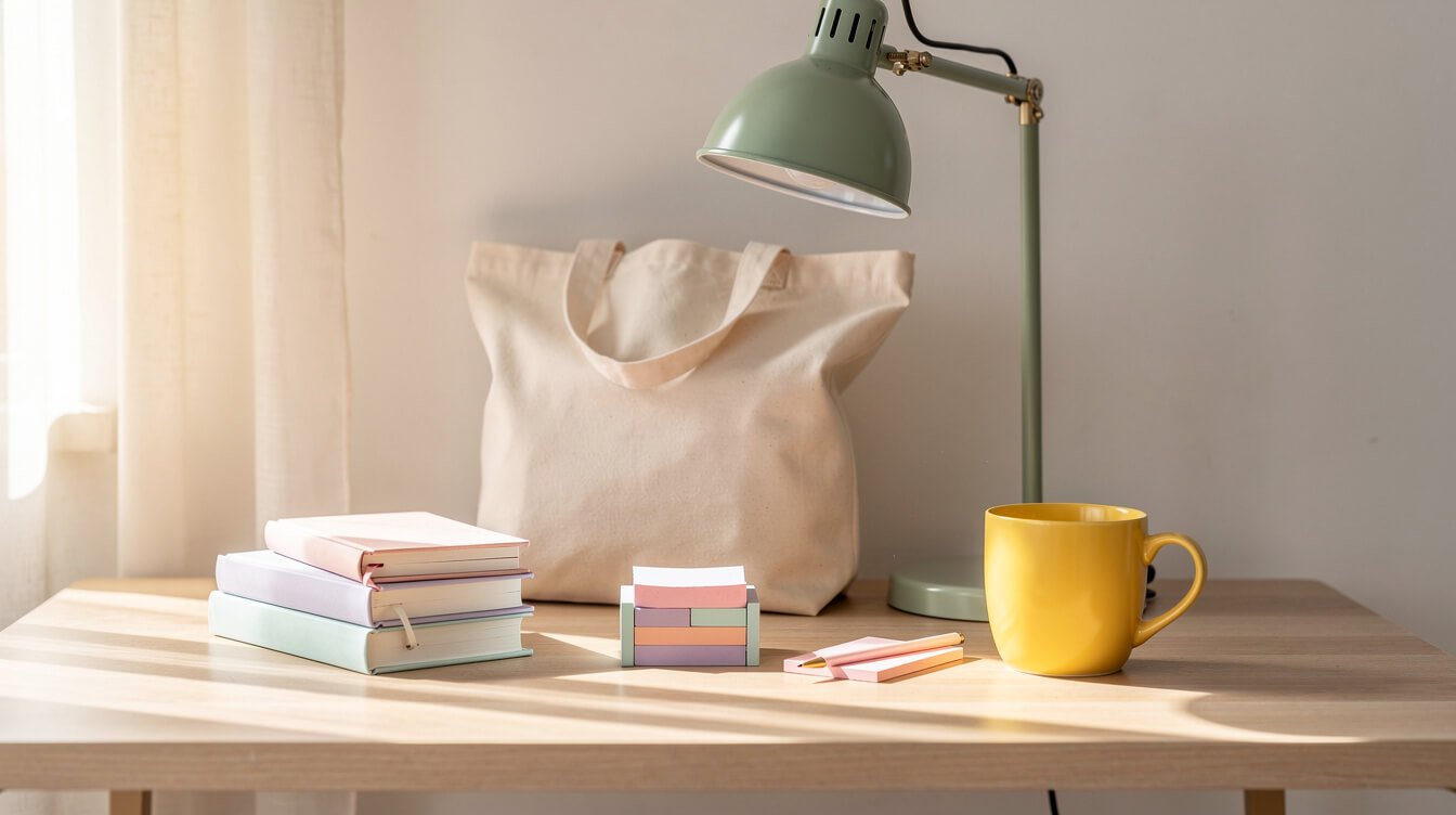pastel aesthetic desk corner with mug stationery and tote bag