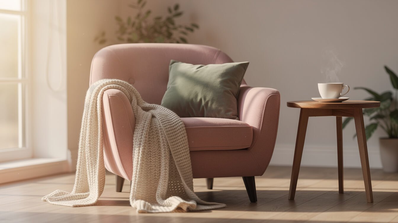cozy reading nook in soft pastel light