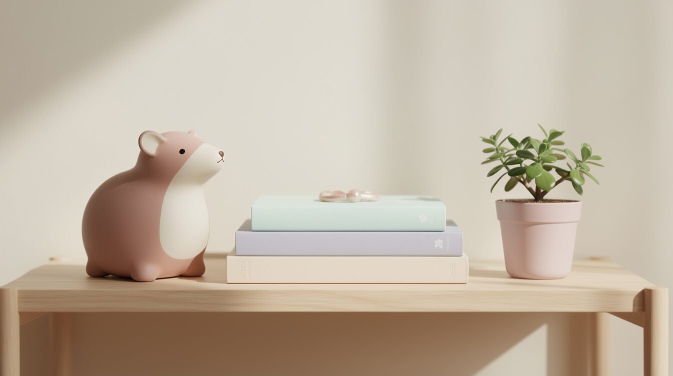 cozy pastel aesthetic shelf with round animal figurine
