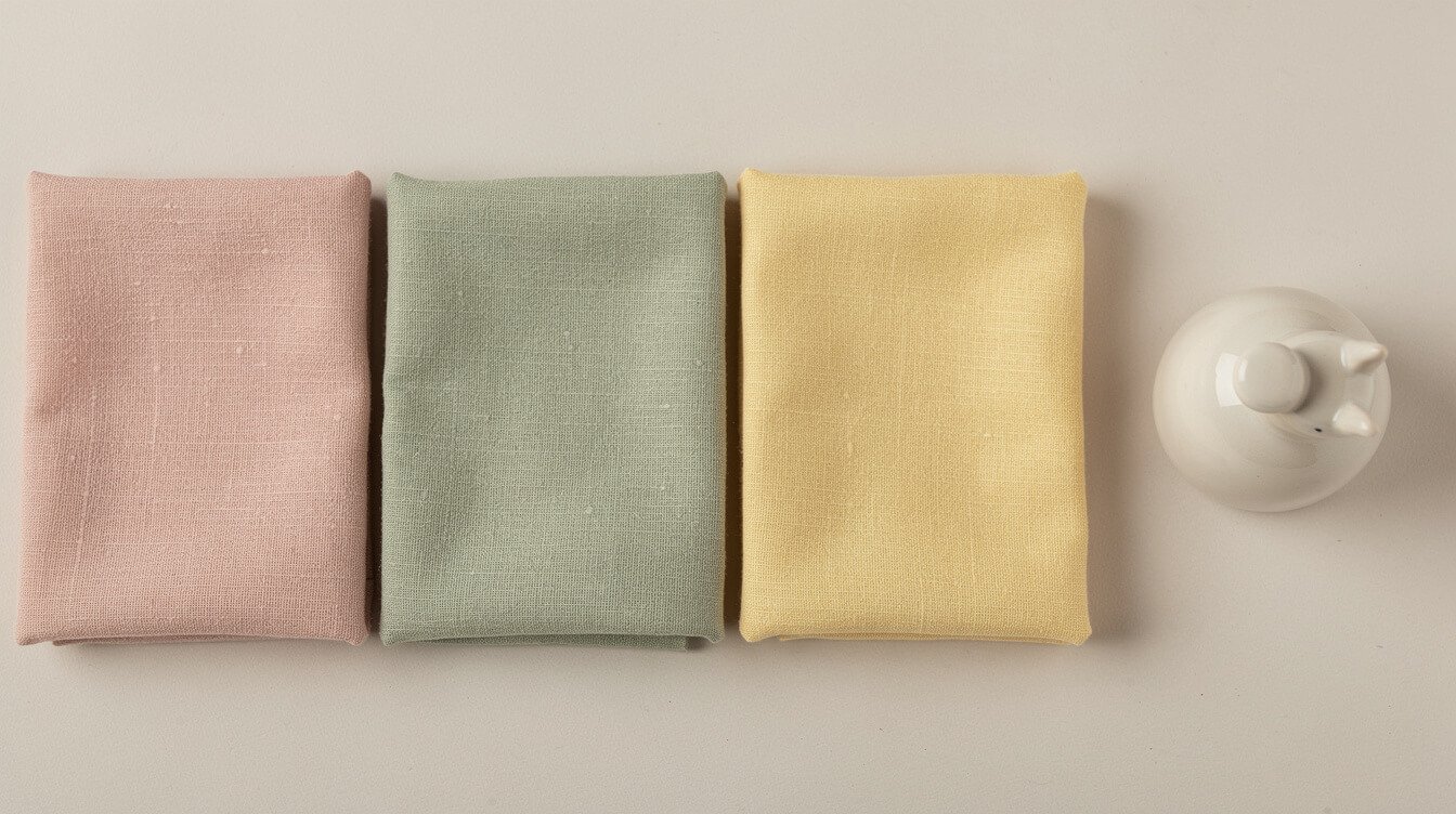 pastel aesthetic fabric swatches in blush pink sage green and butter yellow