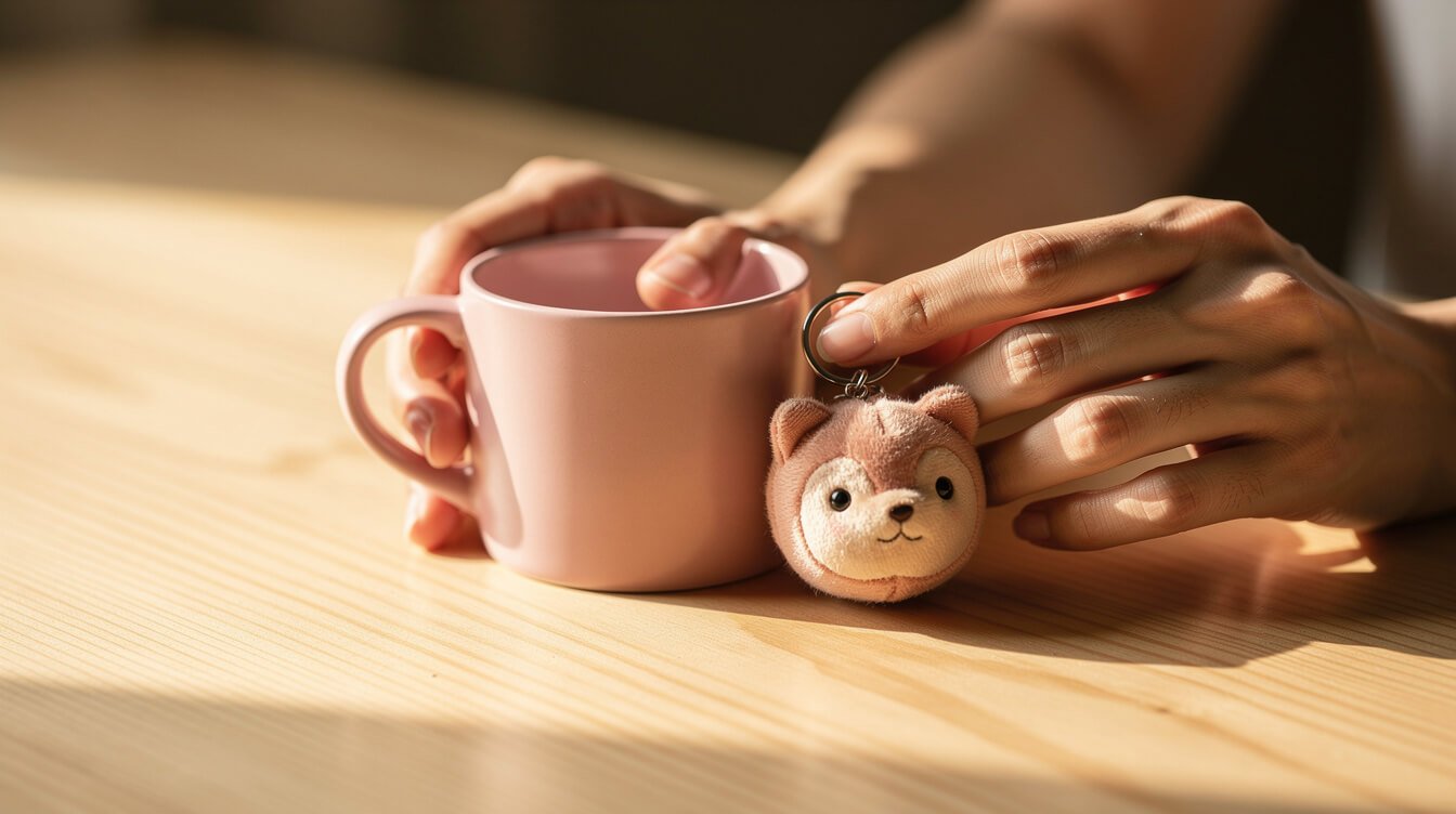 hands holding a pastel mug and a small round animal keychain