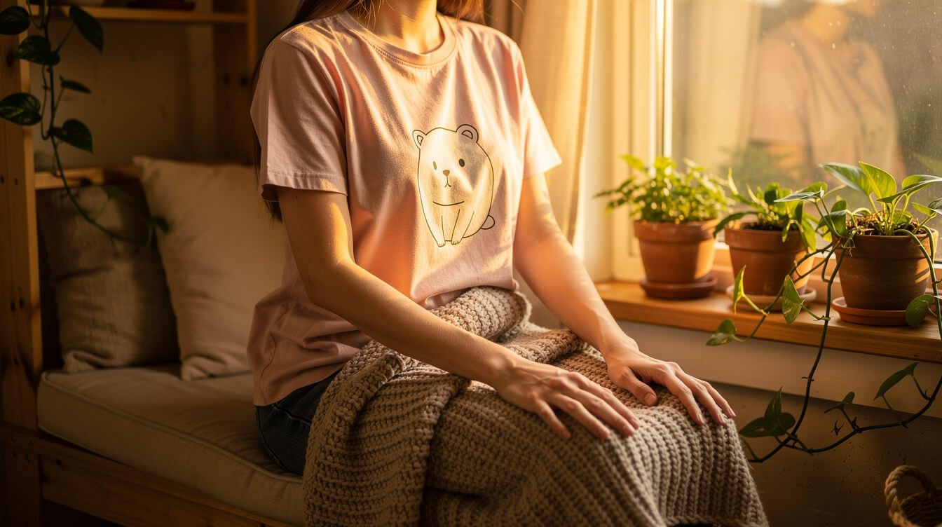 person wearing round animal t shirt in a cozy cottagecore setting