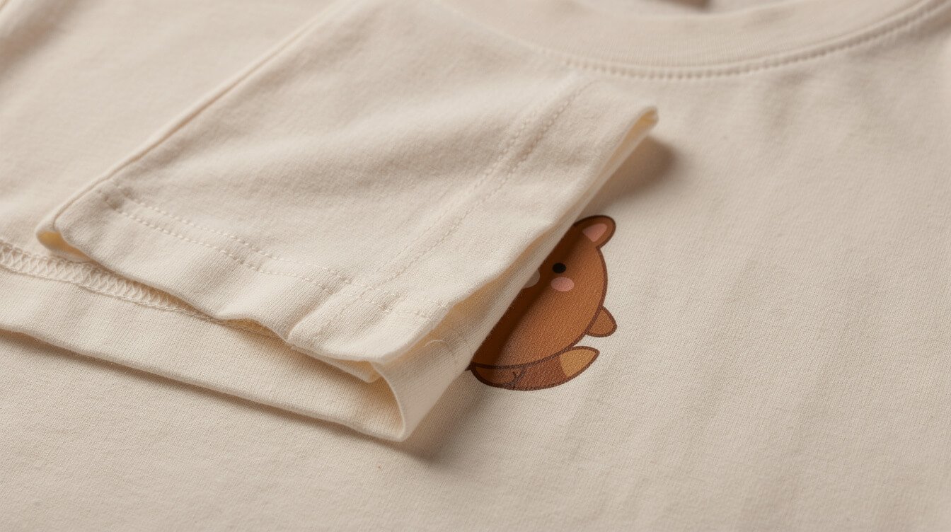 close up of quality print and stitching on a cute t shirt