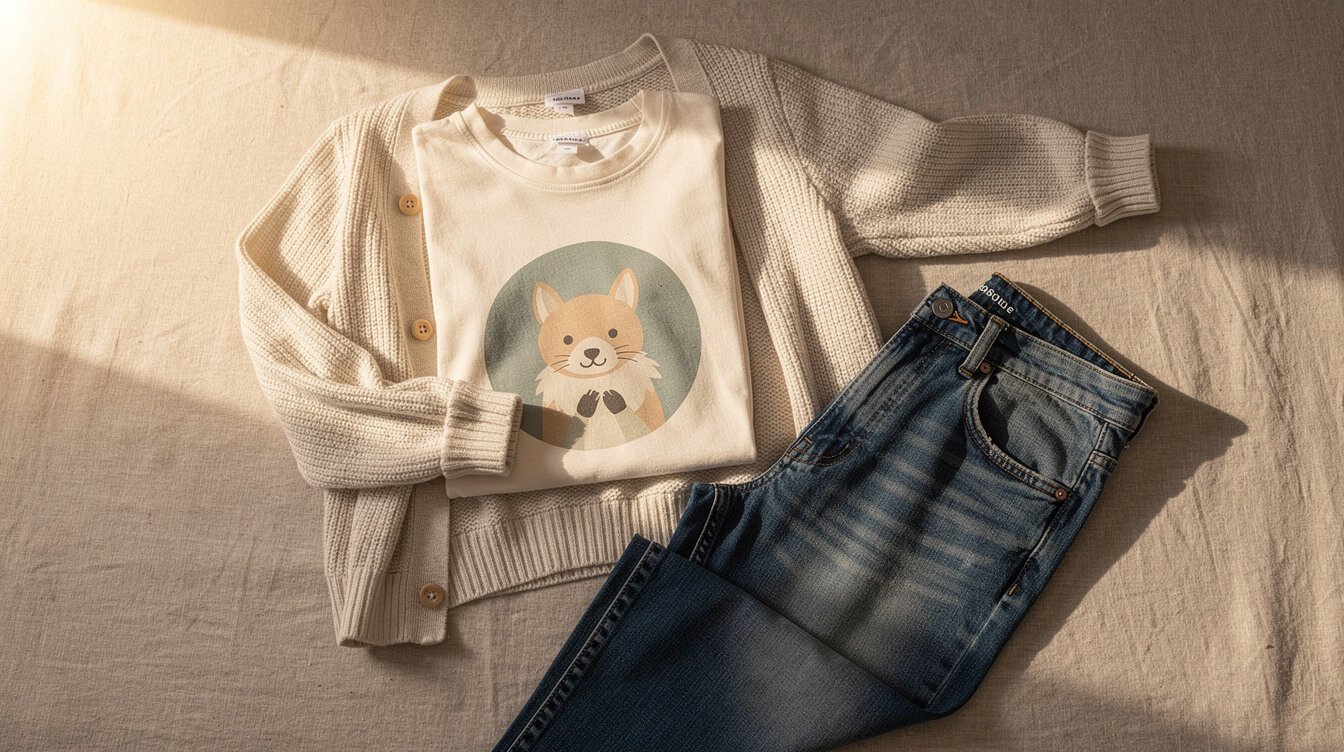 styled outfit featuring a round animal t shirt with neutral layers